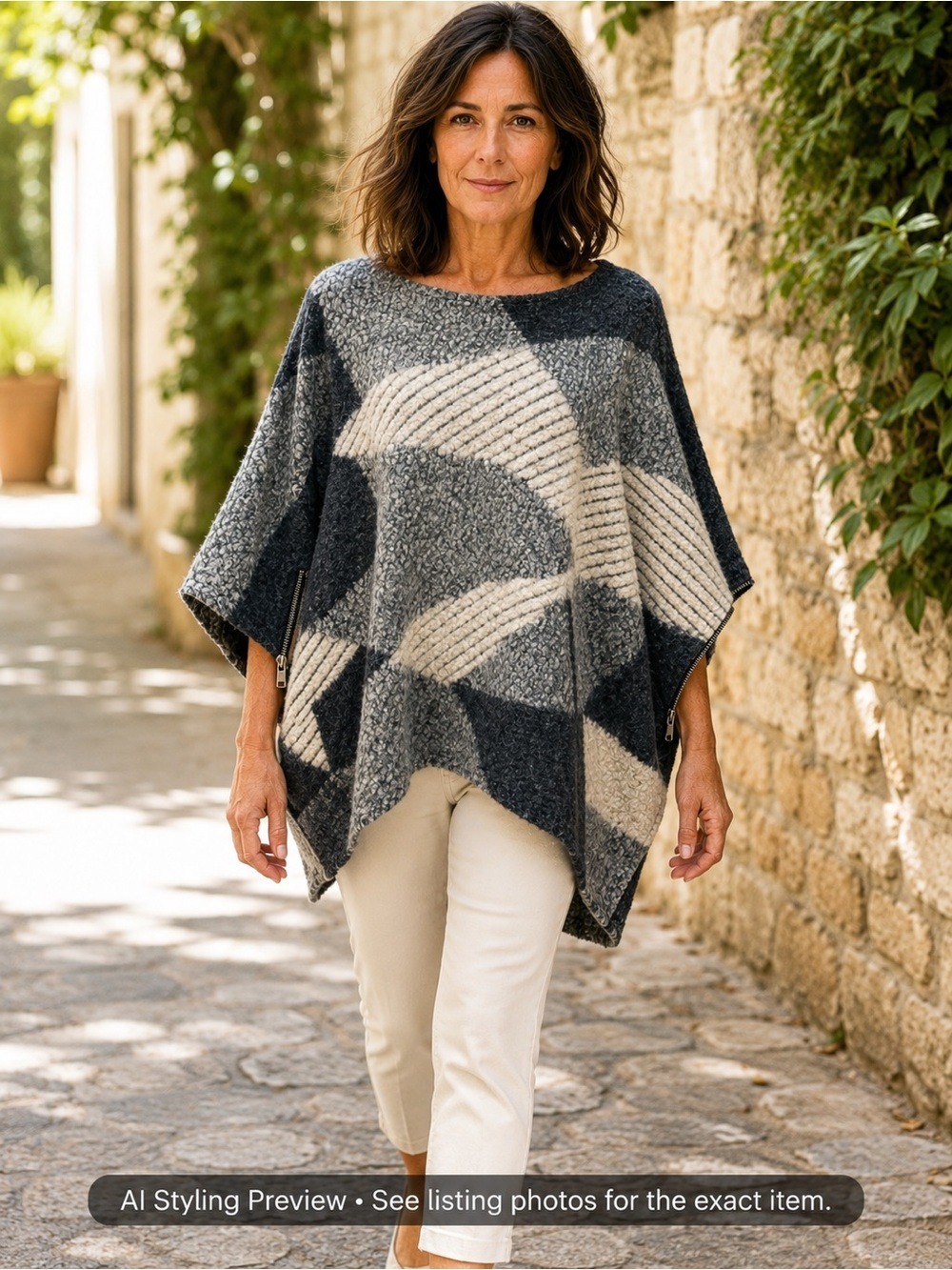 Oversized Abstract Batwing Wool Blend Sweater Gray Cream Boho S